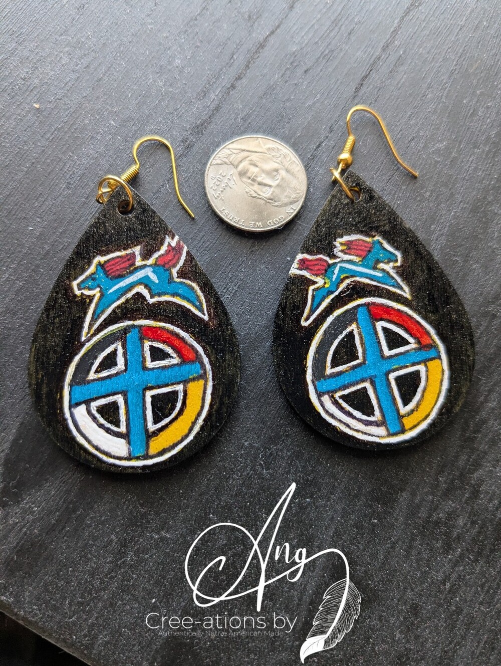 Indigenous Hand-Painted Ponies Medicine Wheel Teardrop Wood Earrings